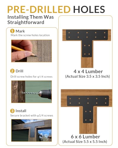 6 Pcs Heavy Duty T Plate Brackets, 12"x8" Black T Shape Mending Plate, 0.12" (3mm) Thick Steel Flat Bracket for 4x4 6x6 Wood Post to Beam, Truss Framing, Pergola & Furniture Repair - size: 6 Pack, style: Standard T-Plate