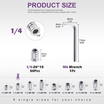 Swpeet 50Pcs 1/4" - 20 x 15mm Carbon Steel White Zinc Plated Carbon Furniture Screw in Nut Threaded Wood Inserts Threaded Inserts Bolt Fastener Connector Hex Socket (1/4" - 20 x 15mm) - size: 1/4" - 20 x 15mm
