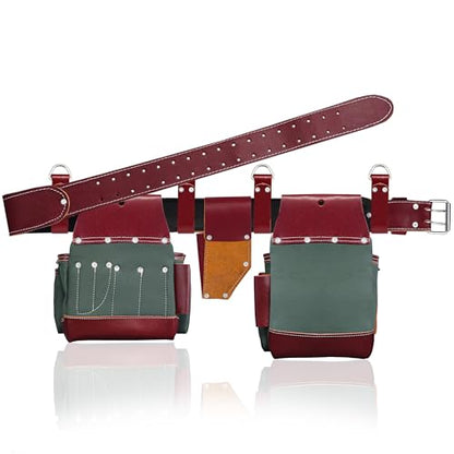 FUERI Carpenter Tool Belt made with Nylon & Grain Leather comes with Adjust to fit Padded Belt, Pouches with multiple pockets, Suspender loops, and a Hammer Holder (Free Suspender at Check Out) - color: Green & Maroon Tool Belt