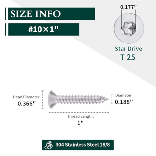 #10 x 1 Flat Head Torx Drive Self Tapping Screws for Wood and Sheet Metal, 304 Stainless Steel 18-8, Corrosion Resistant Countersunk Star Drive Head Screws, Pack of 100 - size: #10 x 1"