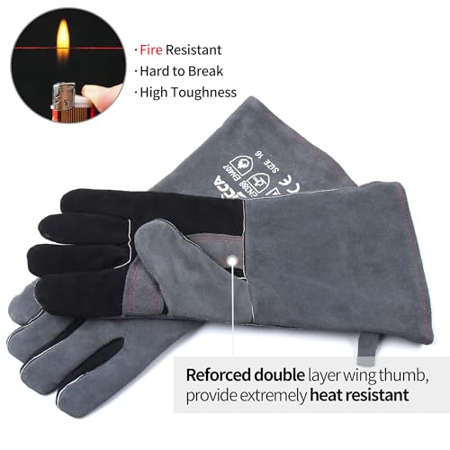 RAPICCA Fireplace Fire Pit Gloves, 662°F Fireproof Leather, 16 in Grey - color: Grey(length 16in)