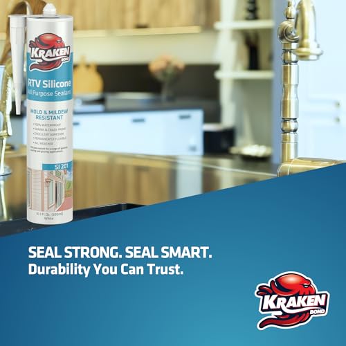 Kraken Bond Clear Silicone Sealant Waterproof% 100-10 fl oz Cartridge - RTV Silicone Caulk Kitchen and Bathroom, All Purpose, Window Caulking Sealant Outdoor Exterior Use Silicon, Gun Incl - 12 Pack - size: RTV Silicone Clear + Gun