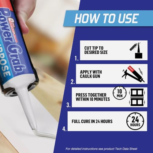 Loctite Power Grab Express All Purpose Construction Adhesive, 9 fl oz Cartridge, 1 Pack - Versatile Construction Glue for Cement, Tile, Wall & More - size: 1 Pack, style: 9 fl oz