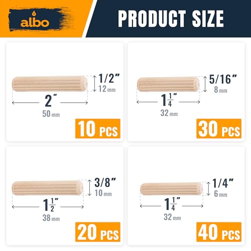 ALBO 100 Pcs. Fluted Wood Dowel Pin Kit, 1/4, 5/16, 3/8 & 1/2 Inch - size: Set 100pcs 1/2 + 3/8 + 5/16 + 1/4 inch