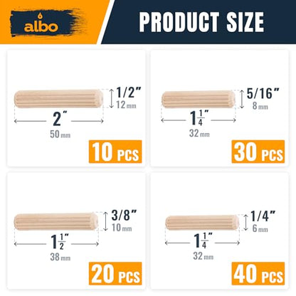 ALBO 100 Pcs. Fluted Wood Dowel Pin Kit, 1/4, 5/16, 3/8 & 1/2 Inch - size: Set 100pcs 1/2 + 3/8 + 5/16 + 1/4 inch