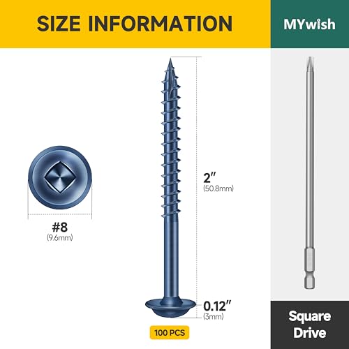 Mywish 100Pcs Pocket Hole Screws 2 Inch, Wood Screws #8 x 2 Washer Head Square Drive Self Tapping Pocket Screws, Blue Coated, with 150MM Pocket Hole Drill Bit - color: Blue-Coated, size: #8 x 2"