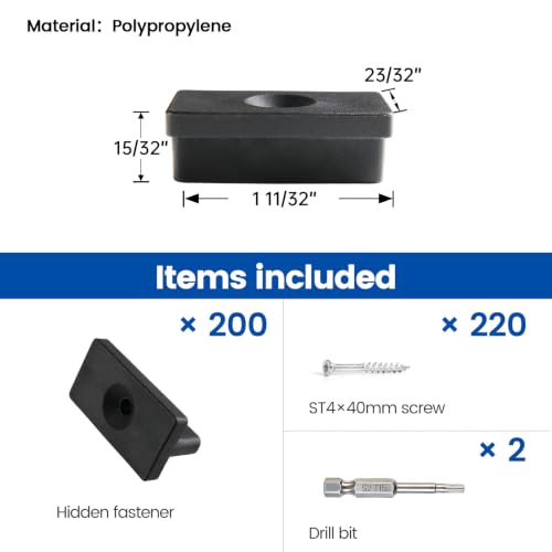 Muzata 200 Pack Hidden Deck Fasteners Universal Polypropylene Clips M029 - size: Hidden Fasteners