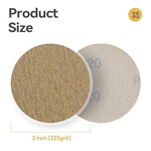 CowboyBOB 3 Inch 50PCS Hook and Loop Sanding Discs No Hole 220 Grit Gold Aluminum Oxide Orbital Sander Sandpaper Air Random Orbital Sander Paper for Wood Auto Body Paint Metal Polishing Use - size: 50 PCS 220 Grit