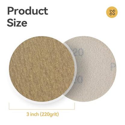 CowboyBOB 3 Inch 50PCS Hook and Loop Sanding Discs No Hole 220 Grit Gold Aluminum Oxide Orbital Sander Sandpaper Air Random Orbital Sander Paper for Wood Auto Body Paint Metal Polishing Use - size: 50 PCS 220 Grit