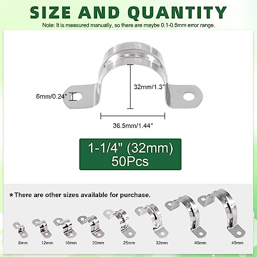 Keadic 50Pcs M32 Metric Two Hole Strap U Bracket Tube Strap Tension Clips 304 Stainless Steel Heavy Duty Rigid Pipe Strap Clamp, for Pipe Fixing on Various Surfaces - size: 1-1/4"-50pcs