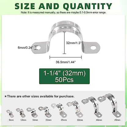 Keadic 50Pcs M32 Metric Two Hole Strap U Bracket Tube Strap Tension Clips 304 Stainless Steel Heavy Duty Rigid Pipe Strap Clamp, for Pipe Fixing on Various Surfaces - size: 1-1/4"-50pcs