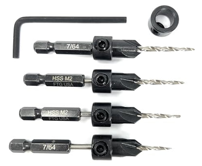 FTG USA 4 Pc #4 (7/64") Tapered Countersink Drill Bit Set with 1 Stop - size: #4, style: Same Sort 4 Pc