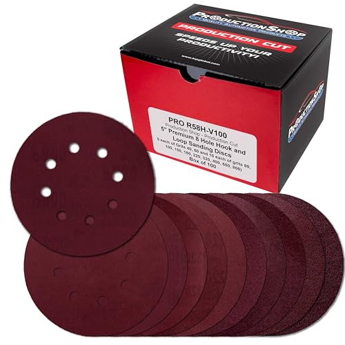 ProductionShop 5" Red 8-Hole Pattern Sanding Discs, 100 Disc Variety Pack, Grits 40, 60, 80, 100, 150, 180, 220, 320, 400, 600, 800 - Hook & Loop Sandpaper for Random Orbital Sanders - Woodworking - style: Variety Pack 100