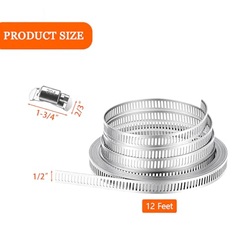 Dianrui DIY Hose Clamps 12FT 304 Stainless Steel Metal Strap + 8PCS Stronger Fasteners Assortment Kit Large Adjustable Pipe Clamps Band Clamp for Pipe Automotive Mechanical - size: 12FT