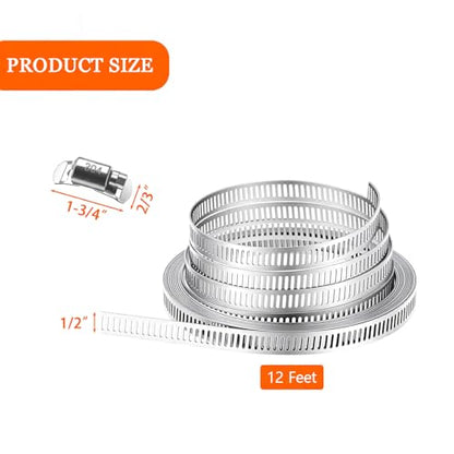 Dianrui DIY Hose Clamps 12FT 304 Stainless Steel Metal Strap + 8PCS Stronger Fasteners Assortment Kit Large Adjustable Pipe Clamps Band Clamp for Pipe Automotive Mechanical - size: 12FT