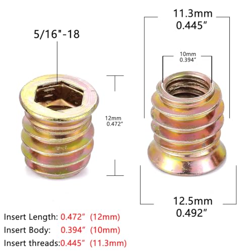 50 Pcs 5/16"-18x12mm Threaded Inserts for Wood for Furniture Reinforcement - size: 5/16"-18x12mm