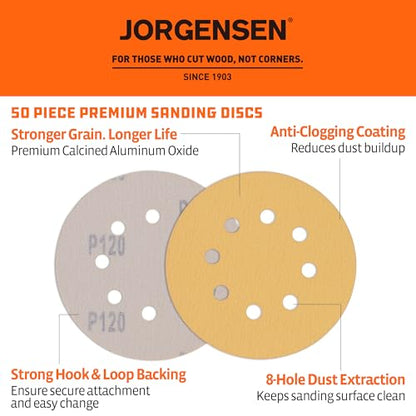 Jorgensen 50-Piece 5-Inch Premium Sanding Discs, 8-Hole Hook and Loop