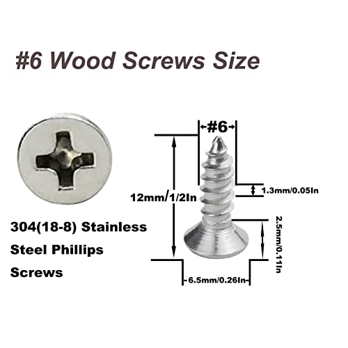 200PCS #6 x 1/2" Wood Screws, 18-8 (304) Stainless Steel Flat Head Phillips Self Tapping Sheet Metal Screws (3/8" to 1" Available) - size: 200PCS #6 x 1/2"