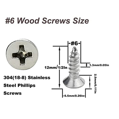200PCS #6 x 1/2" Wood Screws, 18-8 (304) Stainless Steel Flat Head Phillips Self Tapping Sheet Metal Screws (3/8" to 1" Available) - size: 200PCS #6 x 1/2"