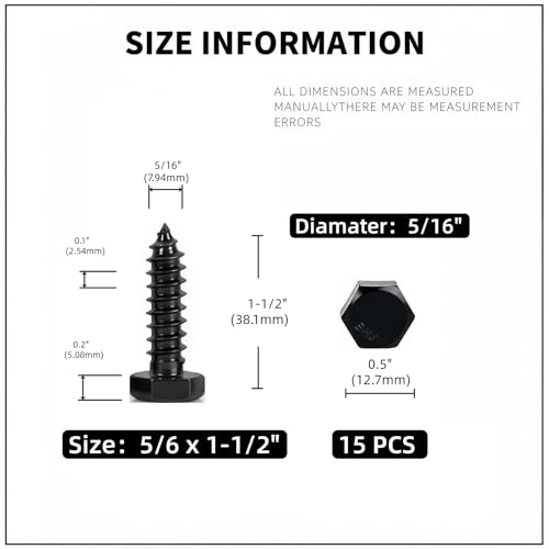 5/16" x 1-1/2" Hex Head Lag Screws (15 Pcs) with Washers – Heavy Duty Black Oxide 304 Stainless Steel Bolts 18-8, Wood, Roofing & Construction (Partial Thread) - size: 5/16"x1-1/2"