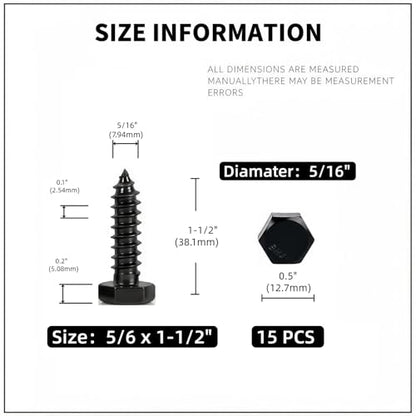 5/16" x 1-1/2" Hex Head Lag Screws (15 Pcs) with Washers – Heavy Duty Black Oxide 304 Stainless Steel Bolts 18-8, Wood, Roofing & Construction (Partial Thread) - size: 5/16"x1-1/2"
