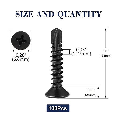 #6 x 1 Sheet Metal Screws 100Pcs 410 Stainless Steel Flat Head Fast Self Tapping Screws Black Oxide by SG TZH - size: #6 x 1"