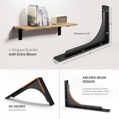 BATODA 10" x 6" L Bracket with Beam, Brackets for Floating Shelves Pack 4 - size: 10 Inch