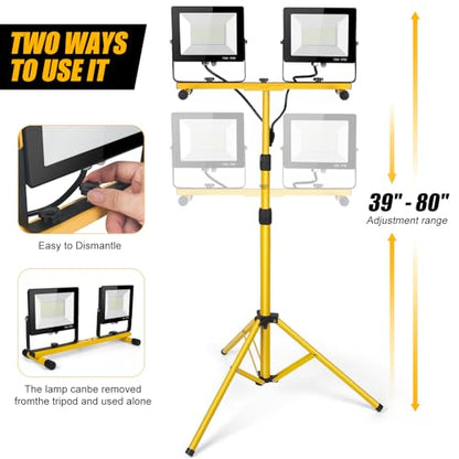 14000Lumen LED Work Lights with Stand - 2 Head Portable Work Light on Stand - style: yellowr-2-head