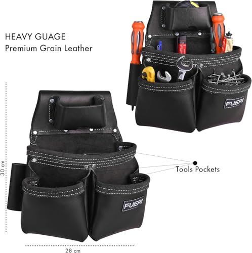 FUERI Leather Tool Belts with Suspender for Men, Heavy-Duty Durable Carpenter Tool Rig Organizer With 19 Pockets-2 Pouches, Padded Suspender, Hammer Holder, D-Loops & Foam-Padded Belt Electricians - color: Black Tool Belt and Black Suspender