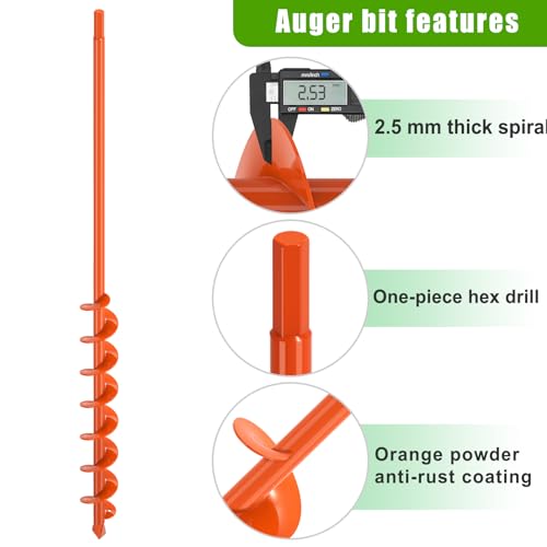 Insaga 1.6×32'' Auger Drill Bit for Planting, Carbon Steel Orange Powder Coated Spiral Drill Bit with Pointed Tip & Welded Blades, Safe Garden Auger for Post Hole Digger, Bulb Planter Tool - size: 1.6x32''