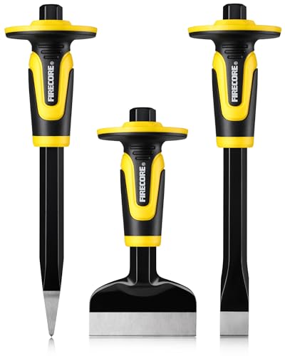 Concrete Chisel Set, Firecore 3PCS Stone Chisel Tool with Rubber Hand Guard - size: 3-Piece Set (8.27" x 11" x 11")