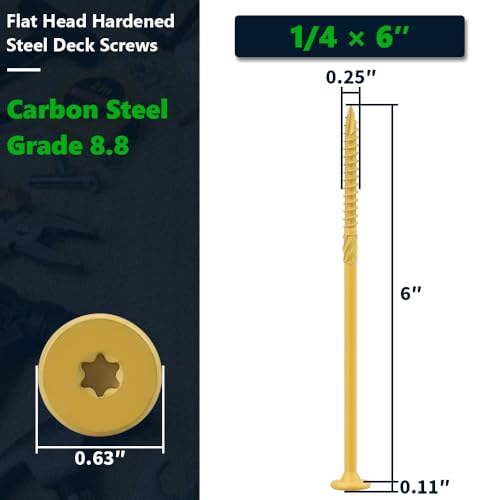 20 Pack 1/4 x 6 inch Heavy-Duty Structural Wood Screws, Star Drive, Rust Resistant Screws for Deck, Timber, Log, Landscaping, Yellow Epoxy Coated, Sharp Self Tapping Point, T30 Bit Included - color: Yellow, size: 1/4 x 6"