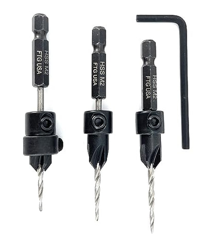 FTG USA 3 Pc #4 (7/64") Countersink Drill Bit Set with Tapered Drill Bits - size: #4, style: Same Sort 3 Pc