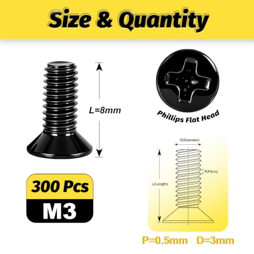 KADRICK M3 x 8mm Countersunk Screws, 300PCS, M3 Flat Head Screws - size: M3x8mm 300PCS