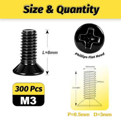 KADRICK M3 x 8mm Countersunk Screws, 300PCS, M3 Flat Head Screws - size: M3x8mm 300PCS