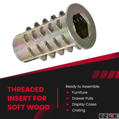 E-Z LOK Knife Threaded Insert for Soft Wood, Zinc Hex-Flanged Thread Inserts M6-1.0 Internal Threads, 20 mm Length Pack of 50