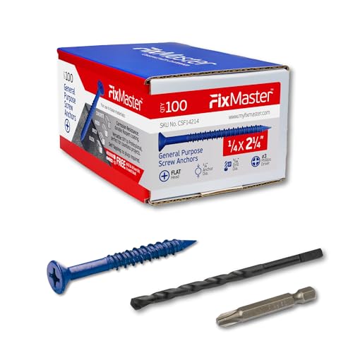 1/4 x 2-1/4" Countersunk Phillips Flat Head Blue Concrete Screw Anchors (100 pcs Screw Kit) with one Screwdriver and Drill Bit for Concrete, Masonry, Block, Brick and Wood Fastening - size: 1/4 x 2-1/4 in