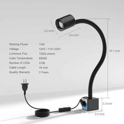 LED Magnetic Work Light, 1500lumens 20in Flexible Gooseneck Work Lamp with Strong Magnetic Base for Lathe Machines, Workbenches. 15W，Yuan 915