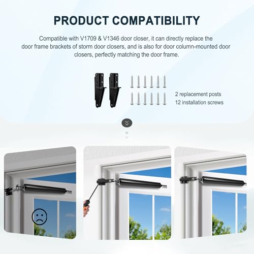 2 Pack Screen Door Closer Bracket, Replacement Post Jamb Bracket with Screws, Compatible with V1709 & V1346 for Lanai Screen Door Closers (Black)