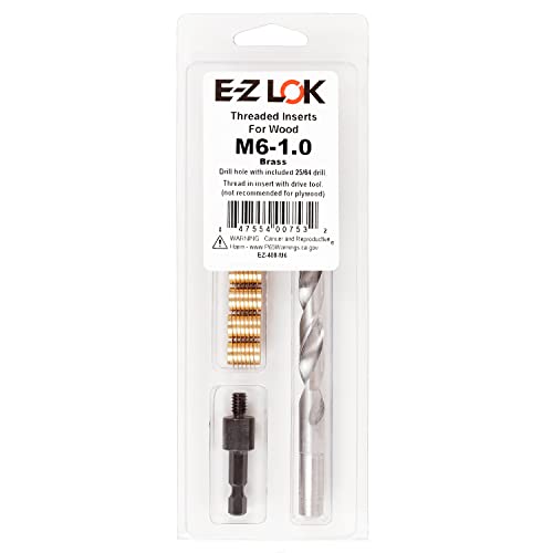 E-Z LOK 400-M6 Threaded Inserts for Wood, Installation Kit, Brass, Includes M6-1.0 Knife Thread Inserts (6), Drill, Installation Tool - size: M6-1.0 (6 Count)