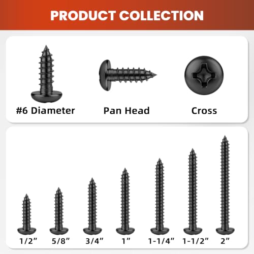 Mellewell #6 x 1-1/4" Pan Head Self Tapping Screw, Pan Head Sheet Metal Screws Wood Screws, Black Finish Stainless Steel 304 (18-8), 100 Pack - color: Black, size: #6 x 1-1/4"