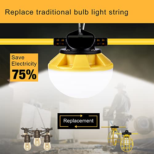 LED Construction String Light 30FT, 50W 6000Lm,18AWG Wire,5000K Linkable String Work Lights with 5 Bulbs & Hooks, Industrial Temporary Lighting for Construction Site, Crawl Space,Job Site,Attic - size: 30FT-2prong