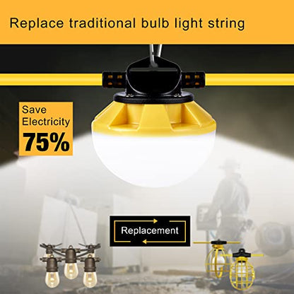 LED Construction String Light 30FT, 50W 6000Lm,18AWG Wire,5000K Linkable String Work Lights with 5 Bulbs & Hooks, Industrial Temporary Lighting for Construction Site, Crawl Space,Job Site,Attic - size: 30FT-2prong