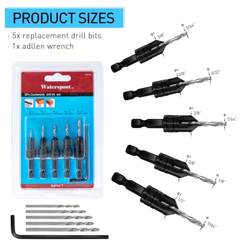 Countersink Drill Bit Set 5 pc,3in1 Woodworking Counterbore Hole Drill Bits,Tapered Countersink Bit,Depth Adjustable M2 Pilot Drill Bits, 82-Degree Chamfer, 1/4”Hex Shank