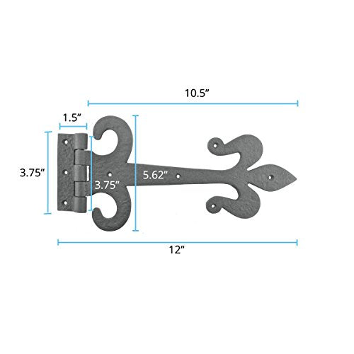 Renovators Supply Manufacturing Gate Hinges 12 in. Black Wrought Iron Fleur De Lis Style Strap Hinges for Gates and Doors with Mounting Hardware - size: Pack of 1
