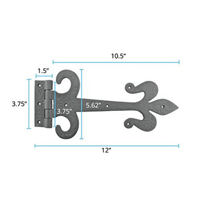 Renovators Supply Manufacturing Gate Hinges 12 in. Black Wrought Iron Fleur De Lis Style Strap Hinges for Gates and Doors with Mounting Hardware - size: Pack of 1