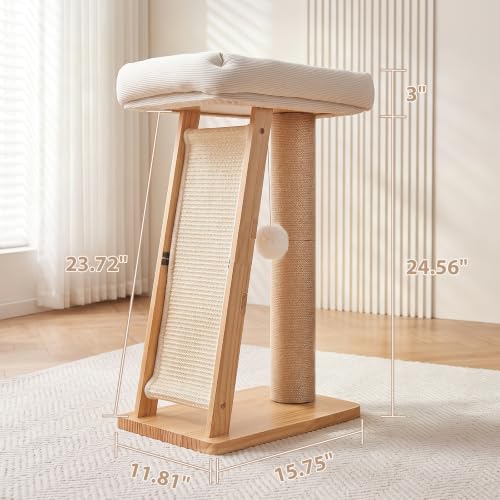 27.5" 3-in-1 Natural Pine Wood Cat Scratching Post for Small Medium Cats - size: Medium