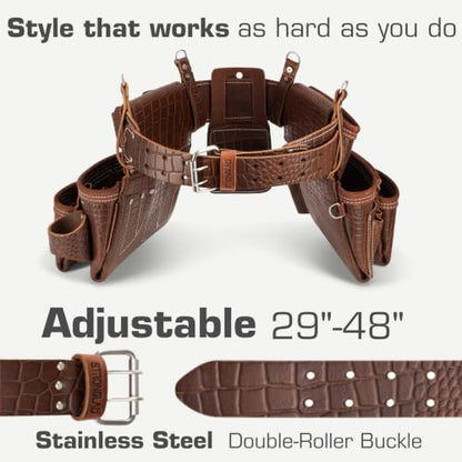 STRONGLAD Premium Embossed Top-Grain Leather, Carpenter Tool Belt - 21-Pocket Framing Tool Belt, Brown-Red Construction Gear with Stainless Steel Hardware