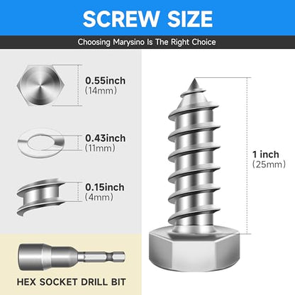 (15-Set) 3/8 x 1 Lag Screws, Stainless Steel Heavy Duty Hex Head Lag Bolts for Wood, Commercial/Industrial Grade 1/4 Bolts, Mounting Screws Bolts Kit, Bright Finish by Marysino - color: Silver, size: 3/8 x 1"