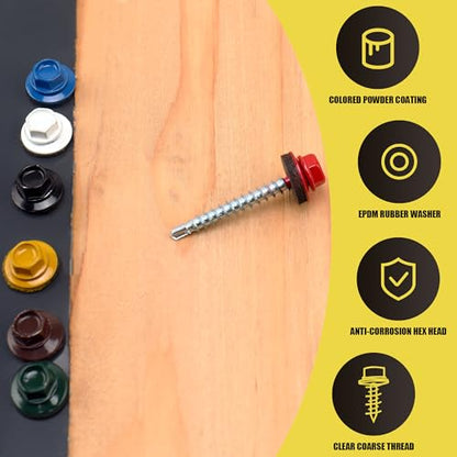250PCS #10 x 1-1/2" Blue Hex Head Self-Drilling Metal Roofing Screws - color: Blue, size: 1-1/2 in